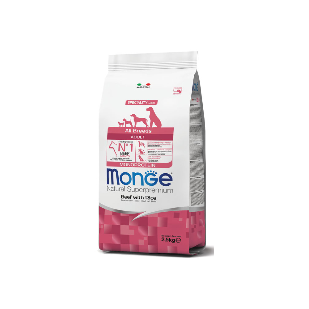 غذای خشک مونگه نچرال سوپر پریمیوم برای سگ بالغ با طعم گوشت گاو و برنج Monge Natural Superpremium