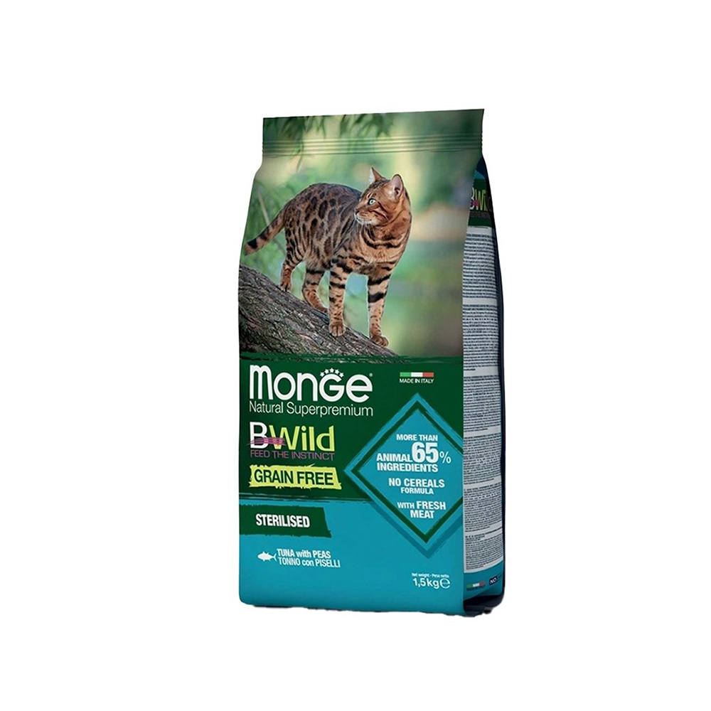 غذای خشک گربه بالغ مونژه طعم ماهی تن و نخودفرنگی بدون غلات Monge BWild Grain Free Sterilised 