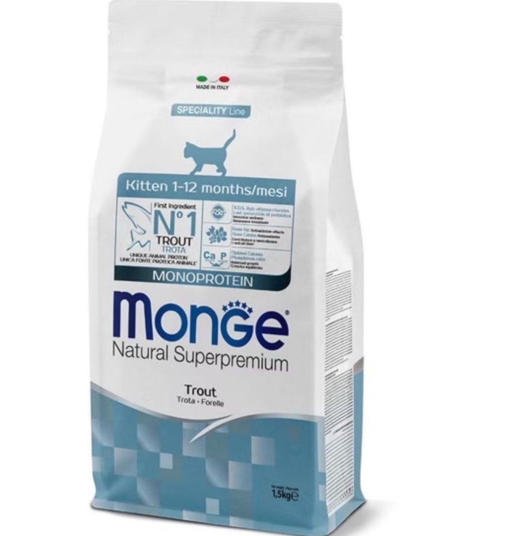 غذای خشک بچه گربه با طعم ماهی قزل آلا Monge Natural Superpremium Monoprotein Kitten Cat Trout 